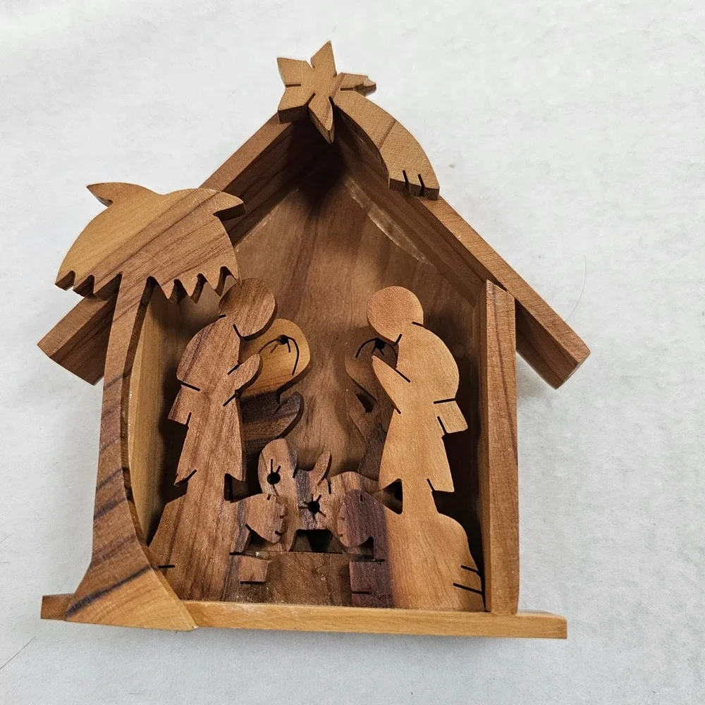 Handcrafted‎ Olive Wood Nativity Scene Stable Silhouette Christmas Decor 4.5